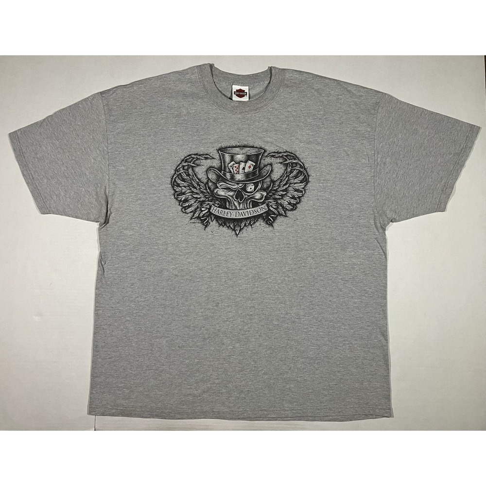 Harley Davidson T Shirt Mens 3XL Skull Cards Wings Gray Biker Chopper 2007